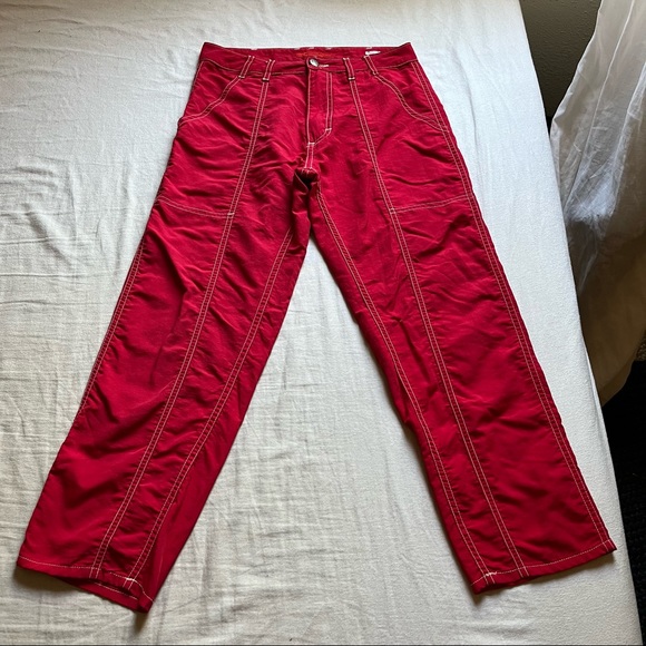Eckhaus Latta Pants - Eckhaus Latta red straight leg cropped contrast stitch pants